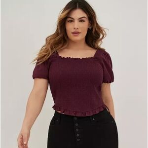 Torrid Stretch Challis Smocked Puff Sleeve Crop Top